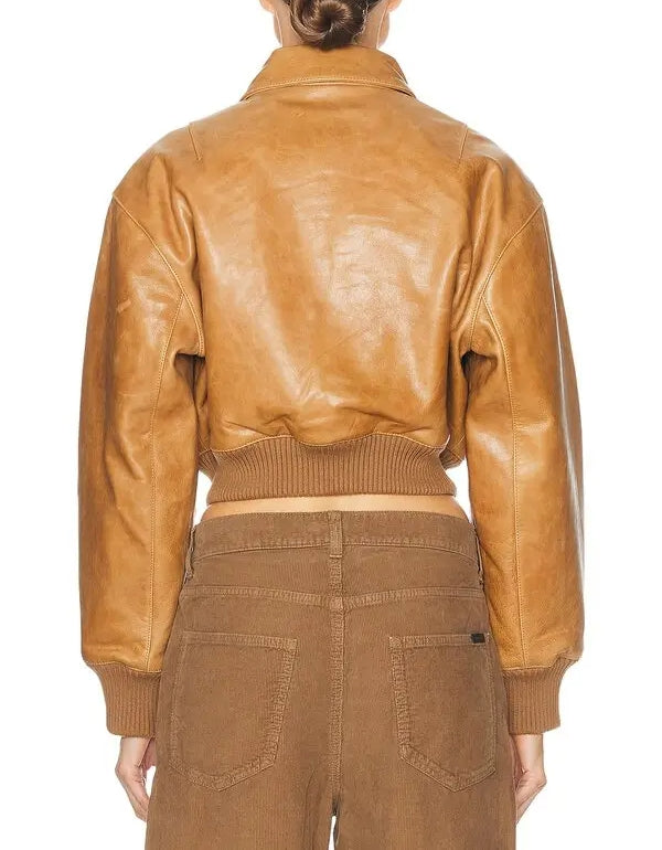 Tan Cropped Leather Bomber Jacket