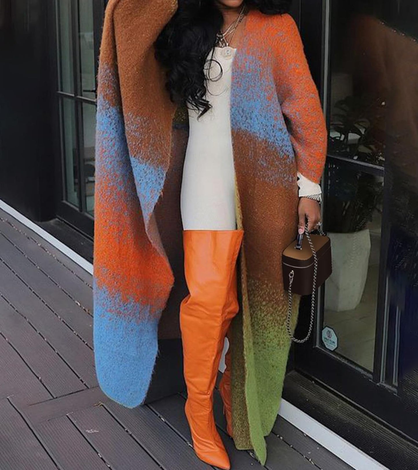 Casual Loose Knitted Long Contrast Color Coat