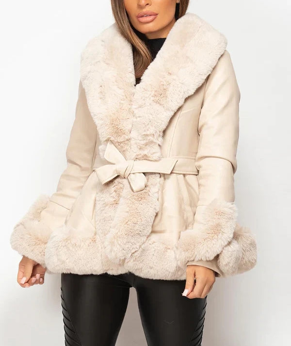 Faux Fur Trim Notch Lapel Belted Penny Lane Jacket