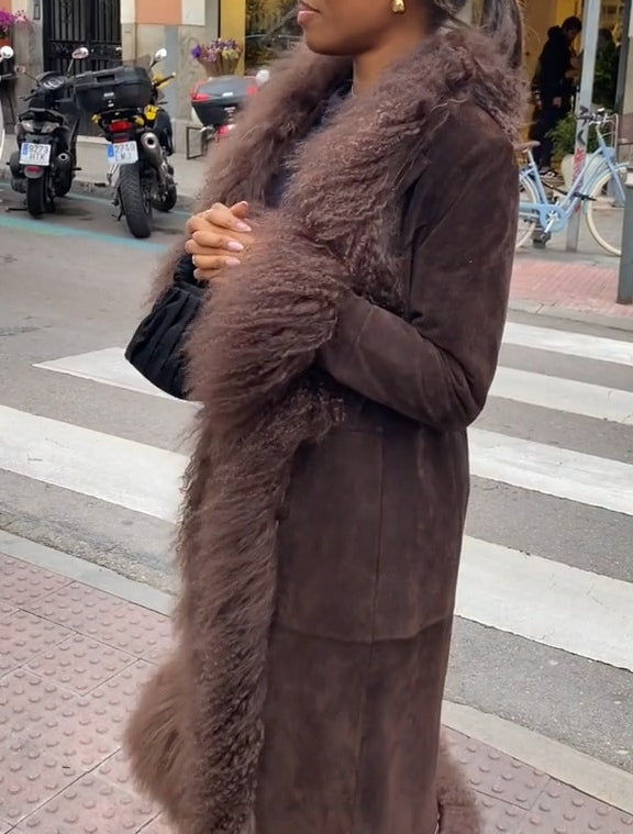 Penny Lane Faux Fur Trim Long Coat