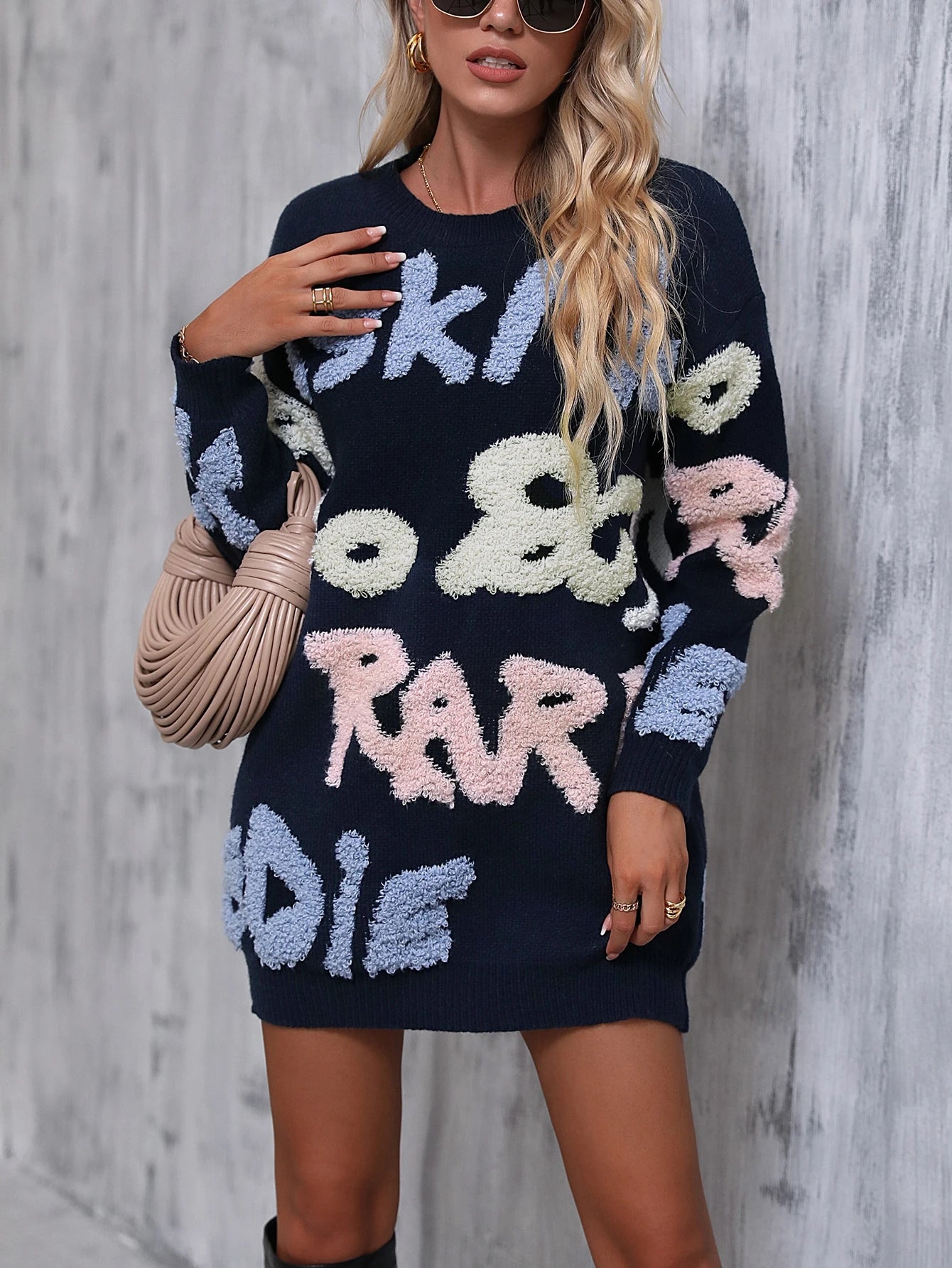Cozy Letter Alphabets Pattern Knit Sweater Dress
