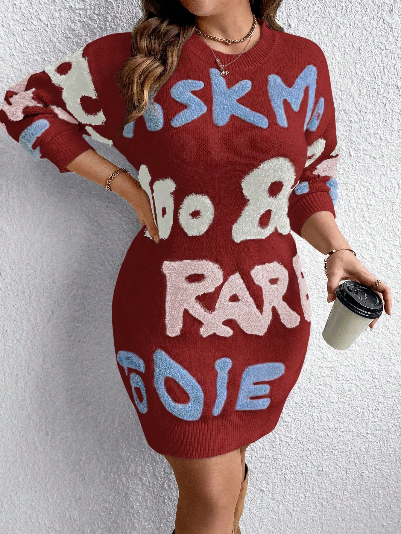 Cozy Letter Alphabets Pattern Knit Sweater Dress