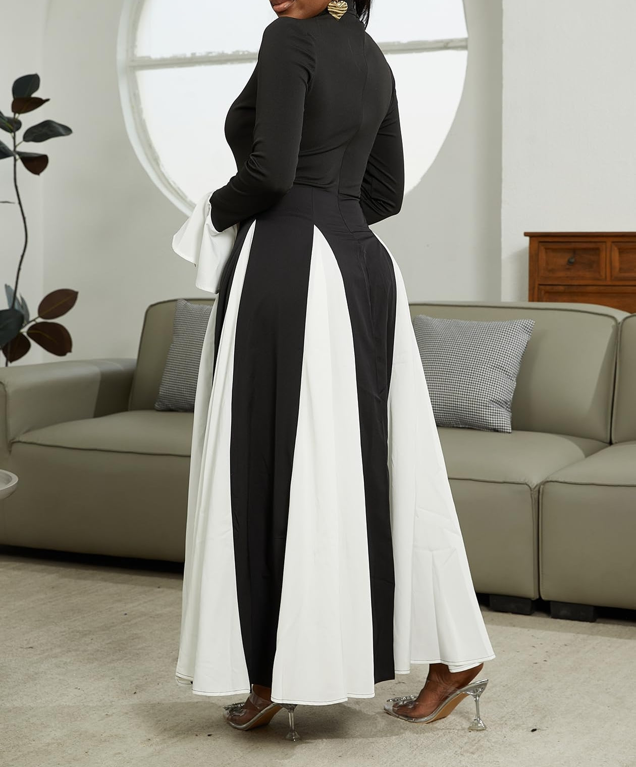 Elegant Long Sleeve Patchwork Pleated Swing Maxi Dress