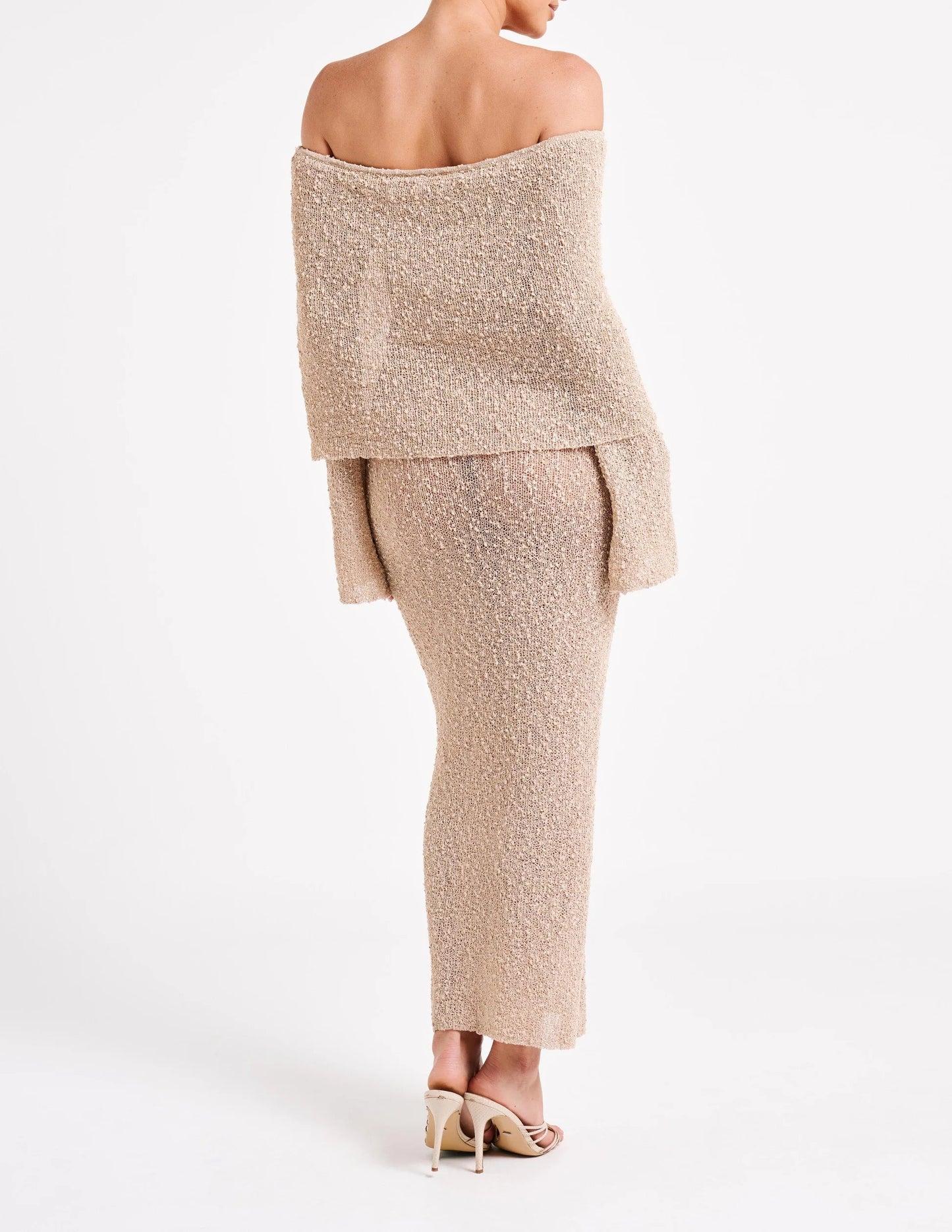 Off Shoulder Boucle Maxi Dress