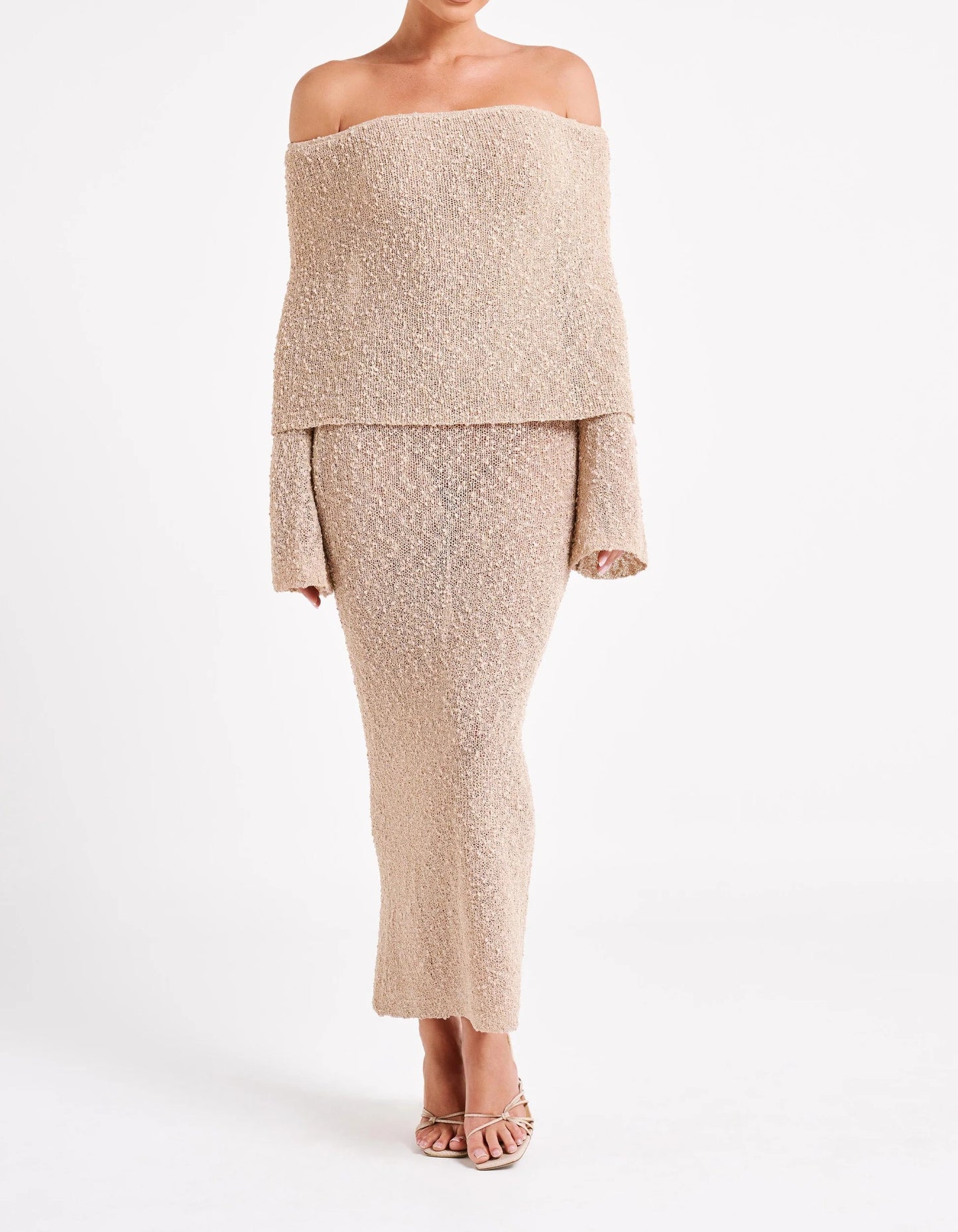 Off Shoulder Boucle Maxi Dress