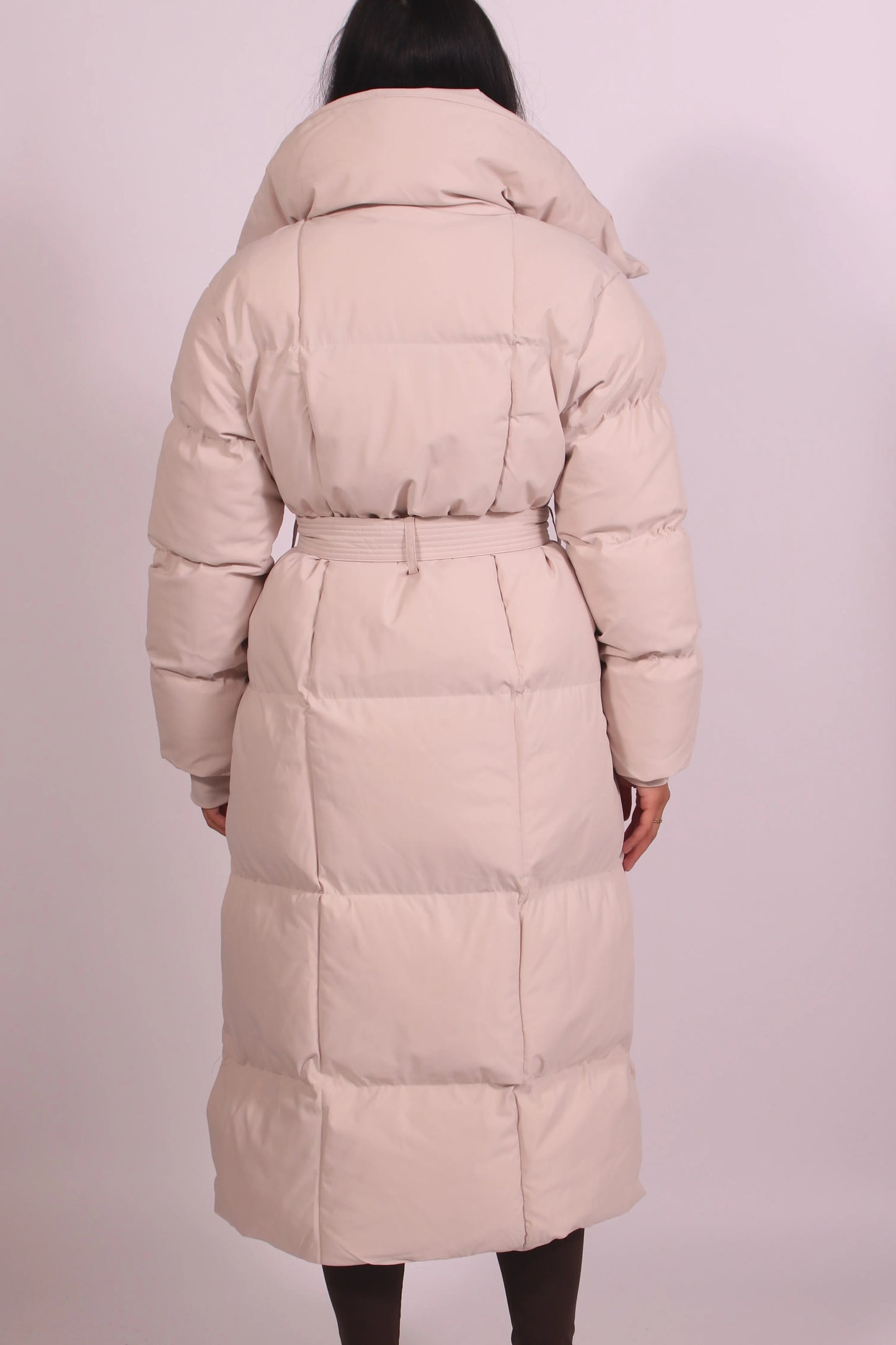 Long Quilted Down Jacket With Belt