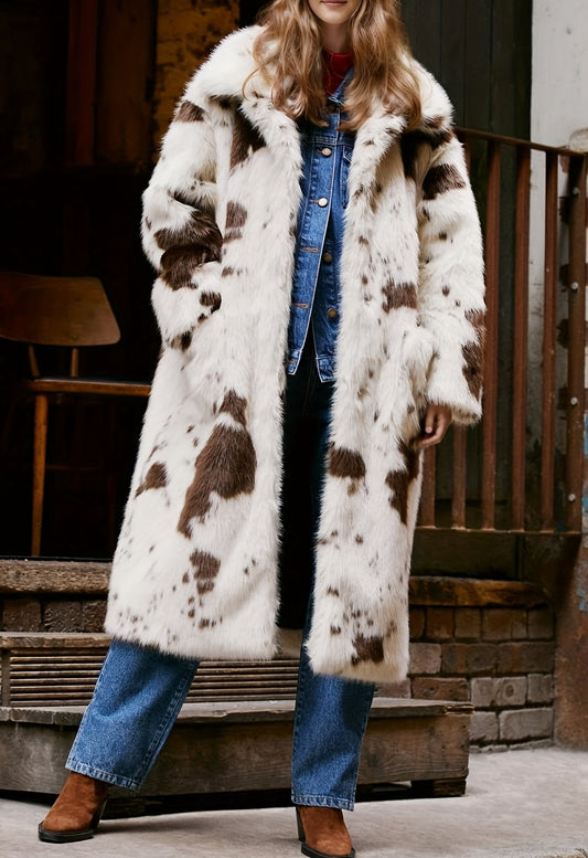 Oversized Longline Faux Fur Coat In Cow Print