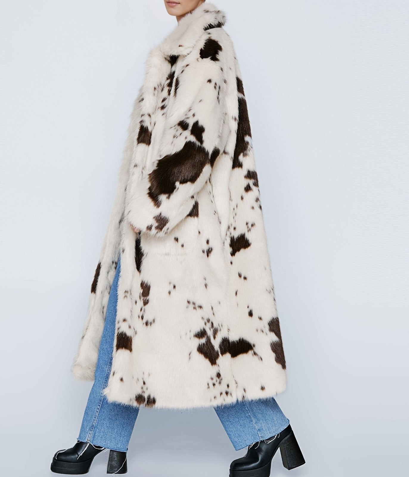 Oversized Longline Faux Fur Coat In Cow Print