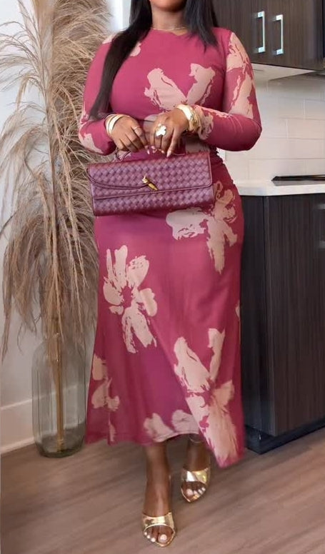 Long Sleeve Floral Mesh Maxi Dresses