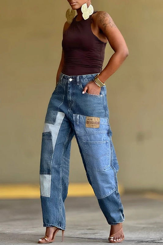 Plus Size Daily Blue Pocket Casual Contrast Denim Jeans