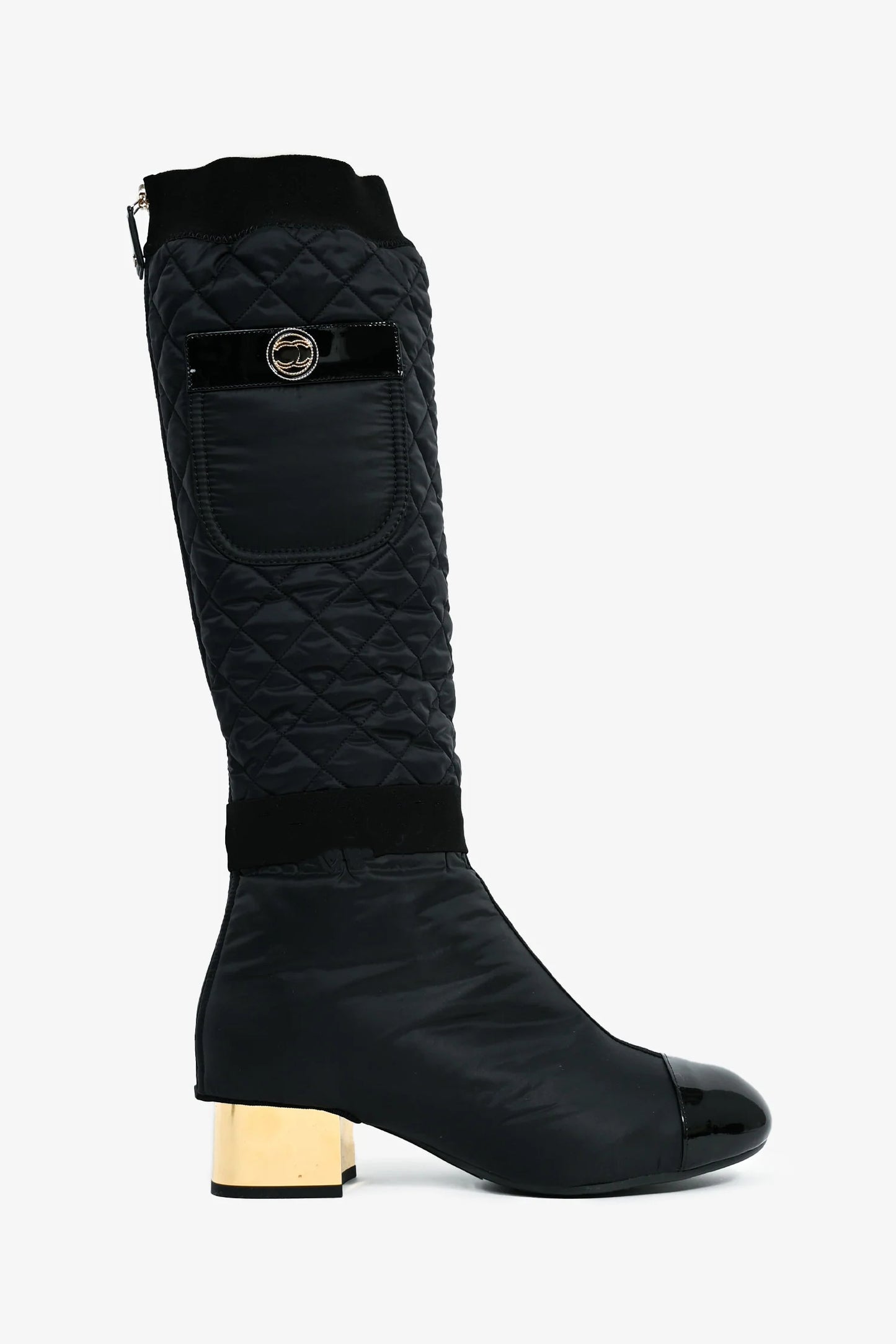 Black Nylon And Patent Leather Interlocking CC Knee High Boots