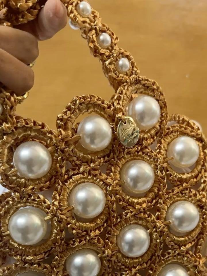 Handmade Golden Crochet Pearl Handbag