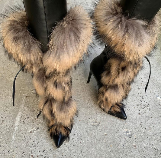 Faux Fur Cross Tied High Heels Mid-calf Boots