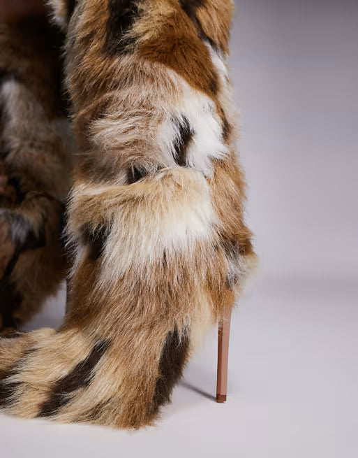 Stiletto Heel Faux Fur Knee Boots In Multi