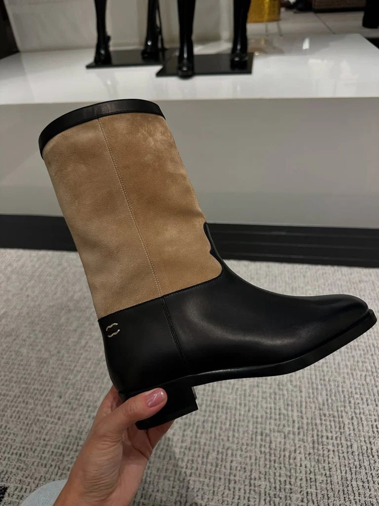 Two-tone Top Layer Cowhide High Boots