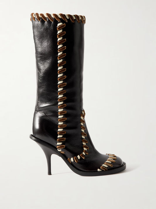 Round-toe Leather Stiletto Boots