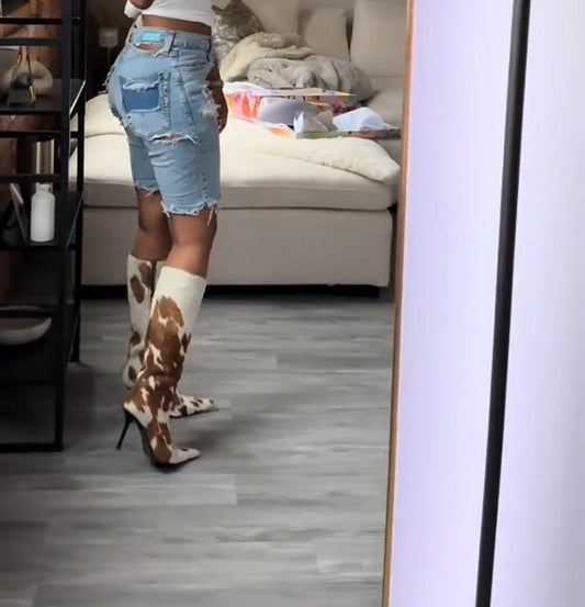 Cow Print Pointed-toe Stiletto Boots
