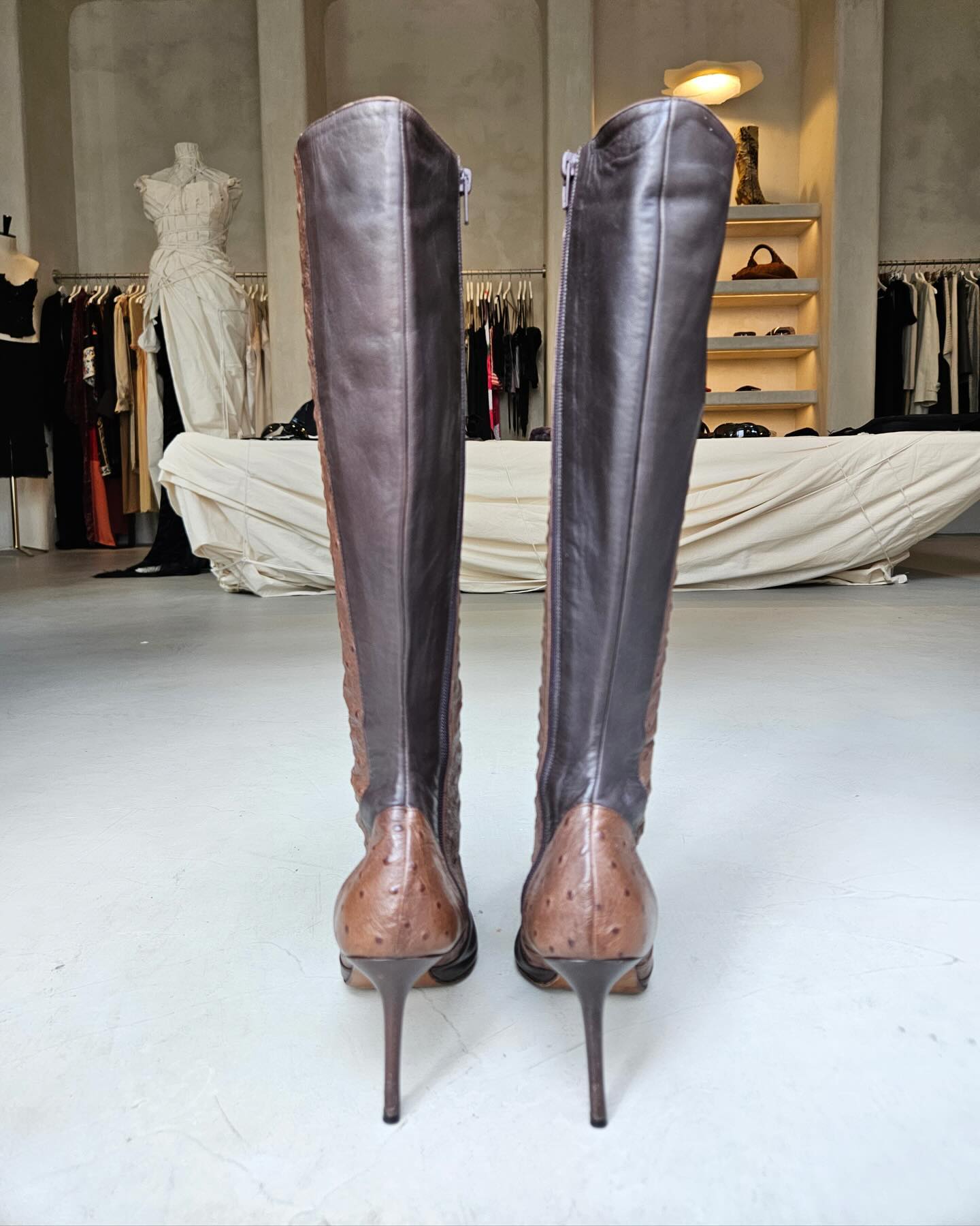 Ostrich Trimmed Knee-High Boots