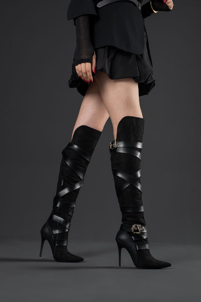 Buckled Suede Stiletto Boots