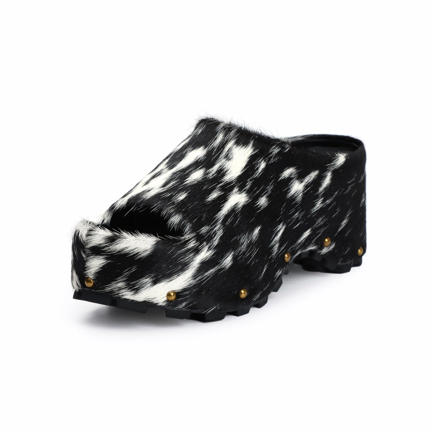 Women's Thick Long Hair Calfskin Clogs