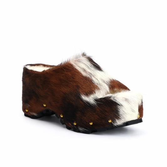 Women's Thick Long Hair Calfskin Clogs