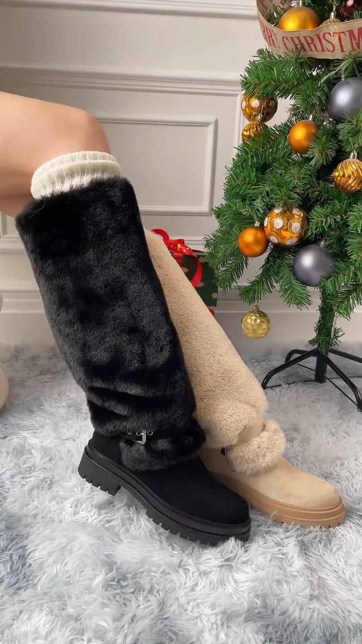 Platform Fluffy Panel Suede Knee High Boots