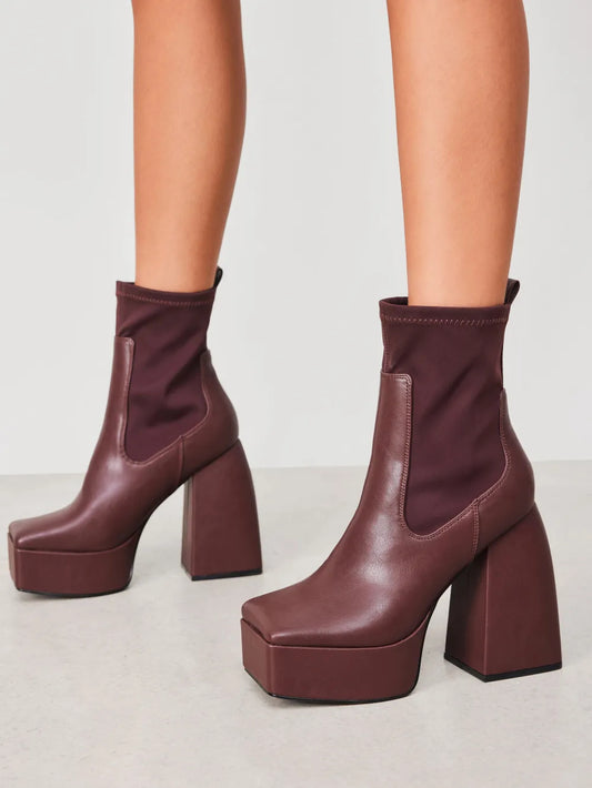 Faux Leather Chunky Heeled Ankle Boots