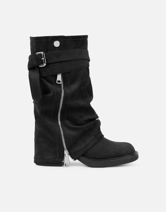 Black Suede Foldover Chunky Boots