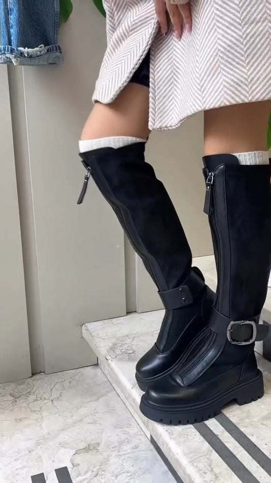 Black Leather Over-the-Knee Boots With Front Zipper