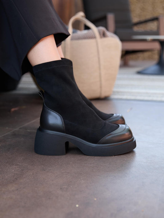 Patchwork Stretch Suede Platform Ankle Boots