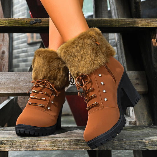 Furry Chunky Heel Ankle Boots