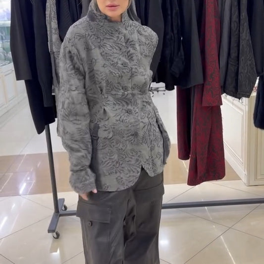 Grey Printed Cotton-linen Jacket