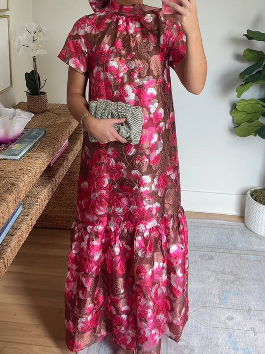 Floral Jacquard Mock Neck Tiered Hem Maxi Dress