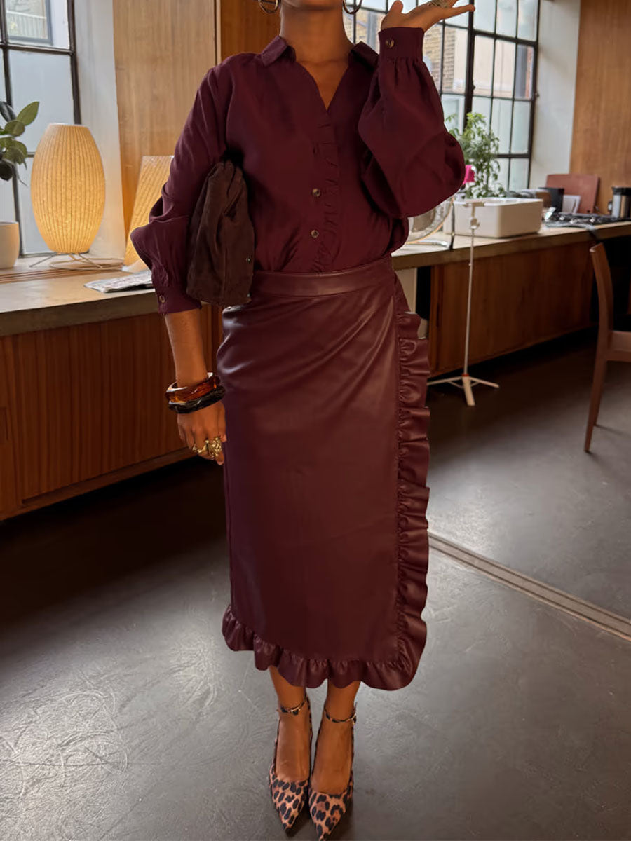 PU Ruffled Wrapped Midi Skirt