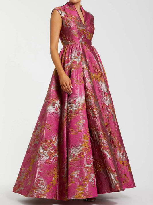 Printed V-neck Mandarin Collar Party Dress