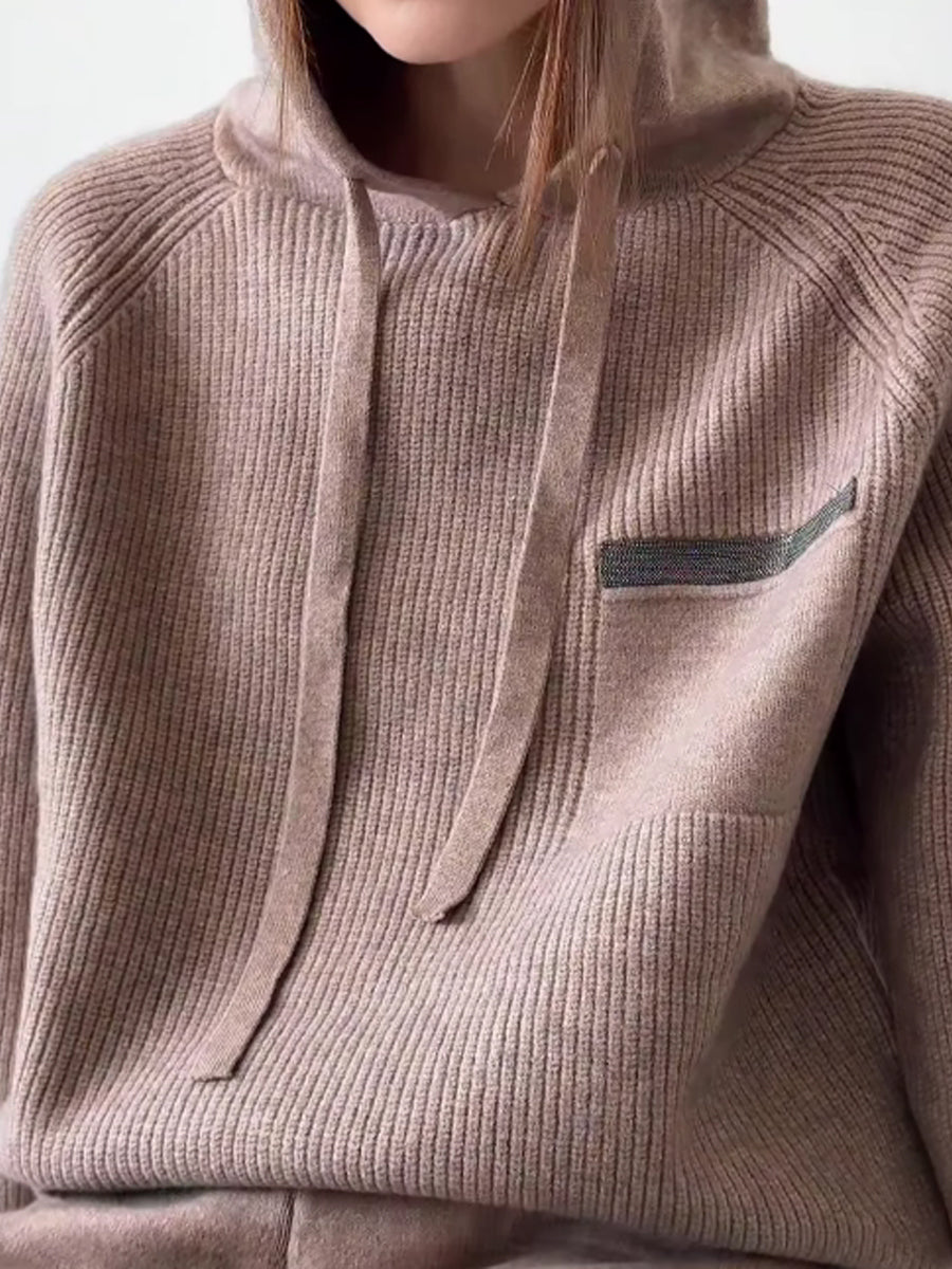 Hooded Collar Knitted Sweater Two Pieces Set