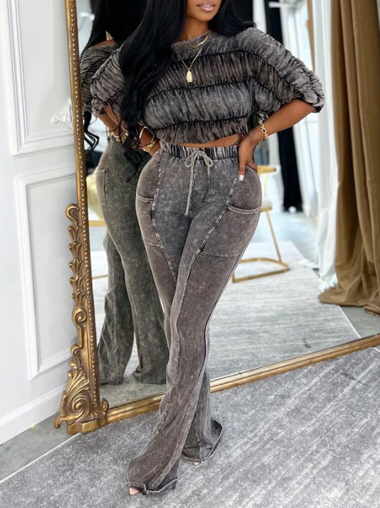 Pleated Cropped Top Flared Pants Suit