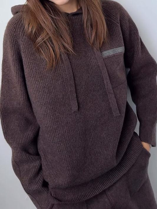 Hooded Collar Knitted Sweater Two Pieces Set