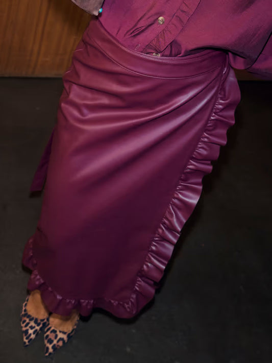 PU Ruffled Wrapped Midi Skirt