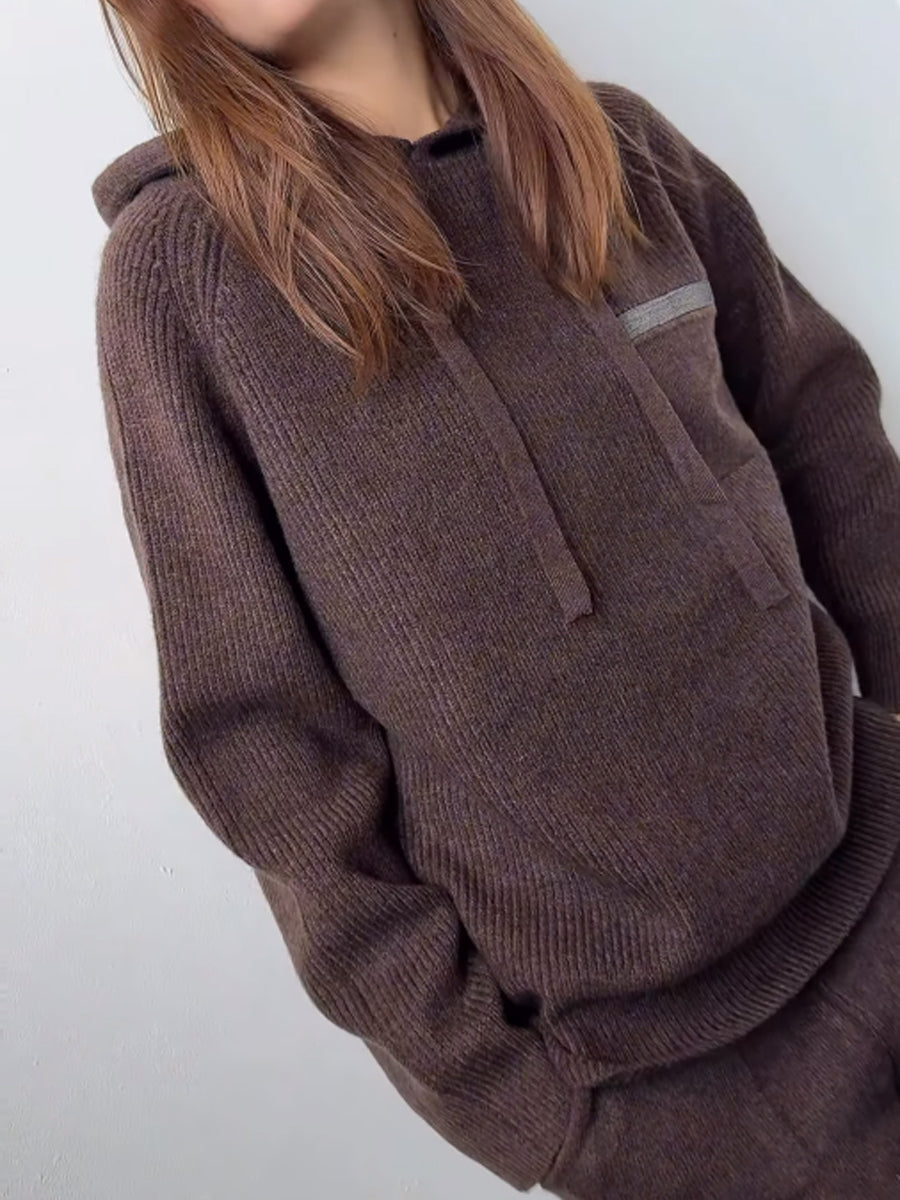 Hooded Collar Knitted Sweater Two Pieces Set