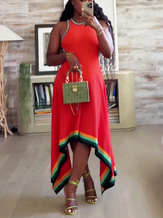 Crewneck Sleeveless Color Contrast Dress