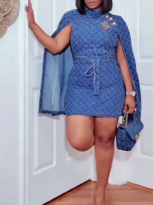 Denim Shawl Slant Button Design Dress
