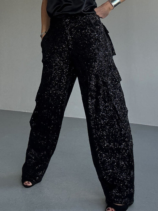 Sequined High Waist Pockets Pants