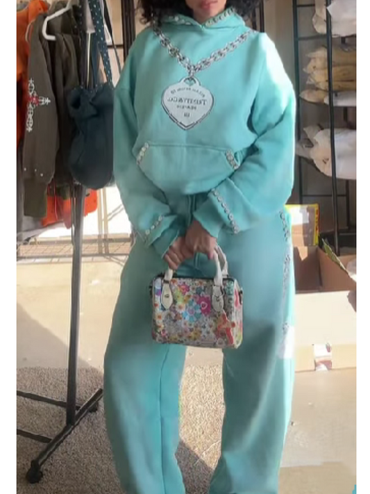 Cuff Brim Diamond Embellished Hooded Set