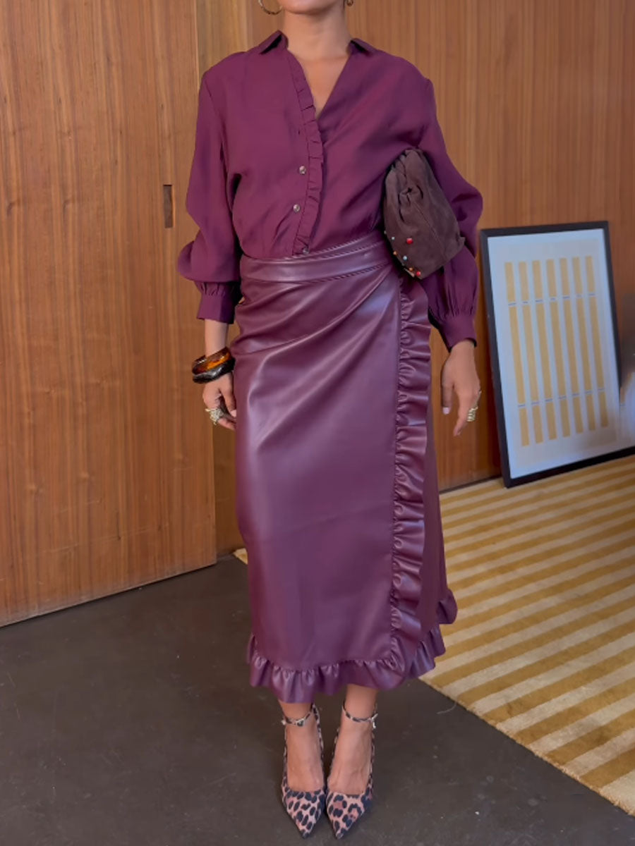 PU Ruffled Wrapped Midi Skirt
