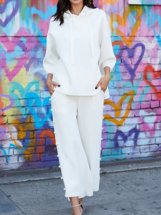 Hooded Pearl-Embellished Pants Suit