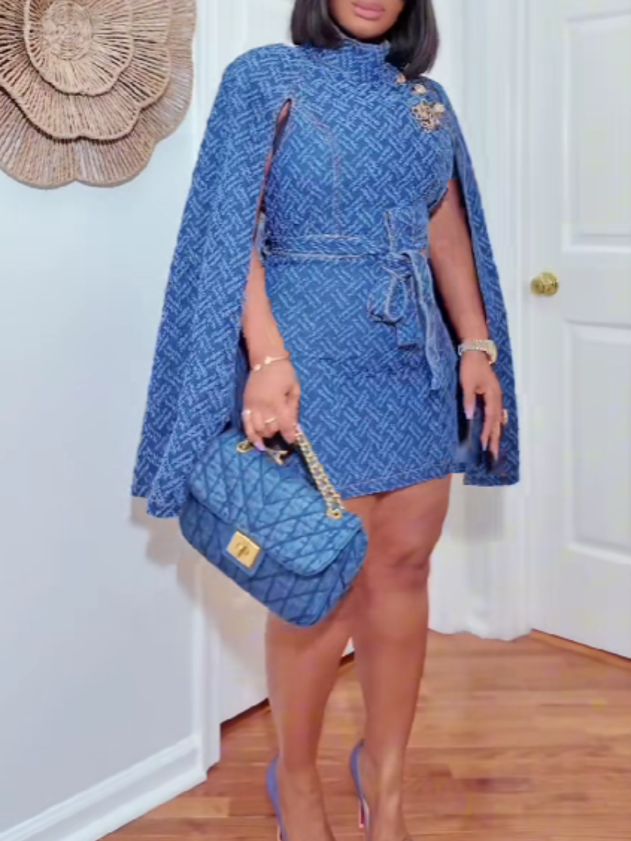 Denim Shawl Slant Button Design Dress