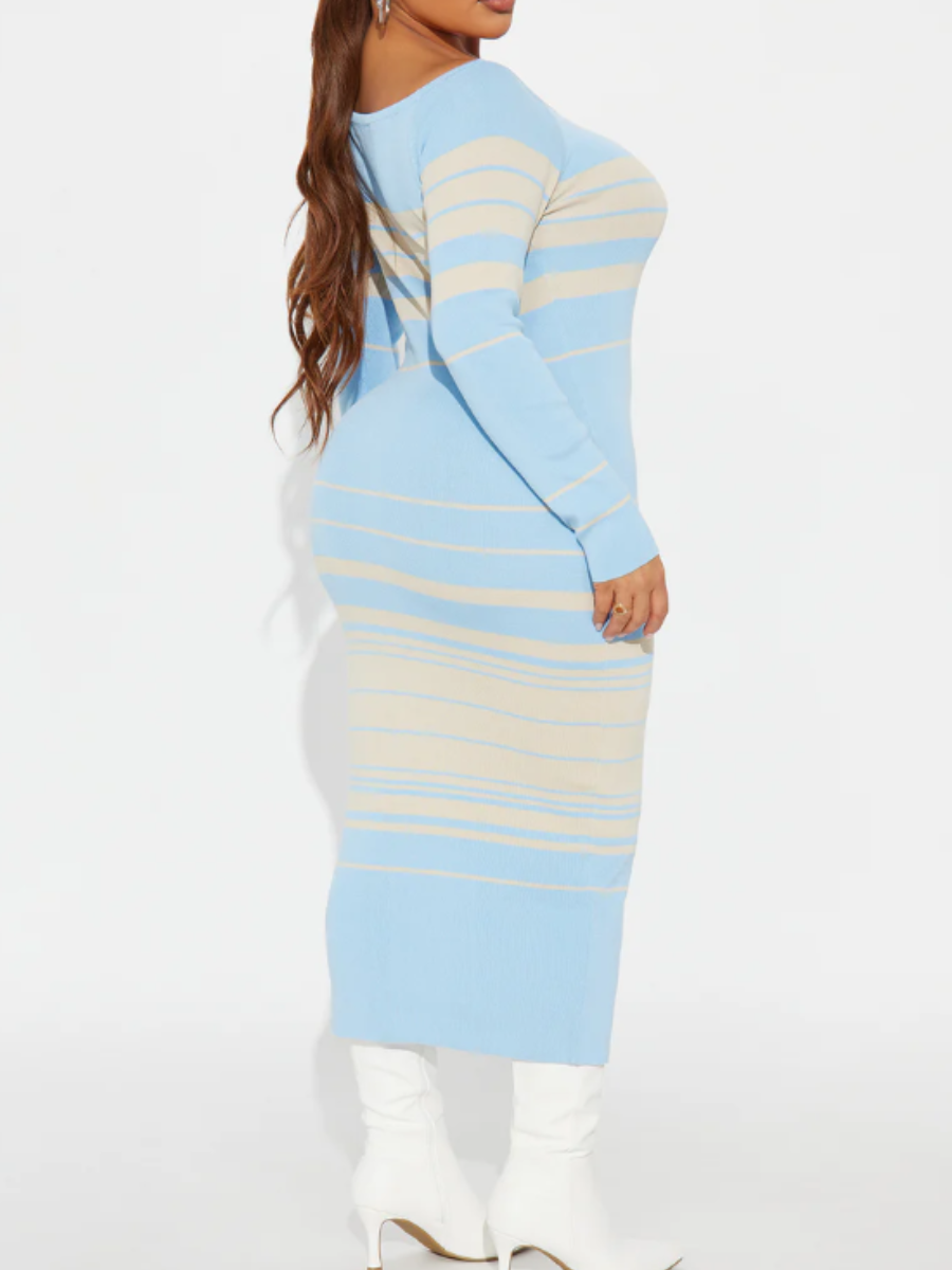 Striped Knit Blue And White Contrast Dress