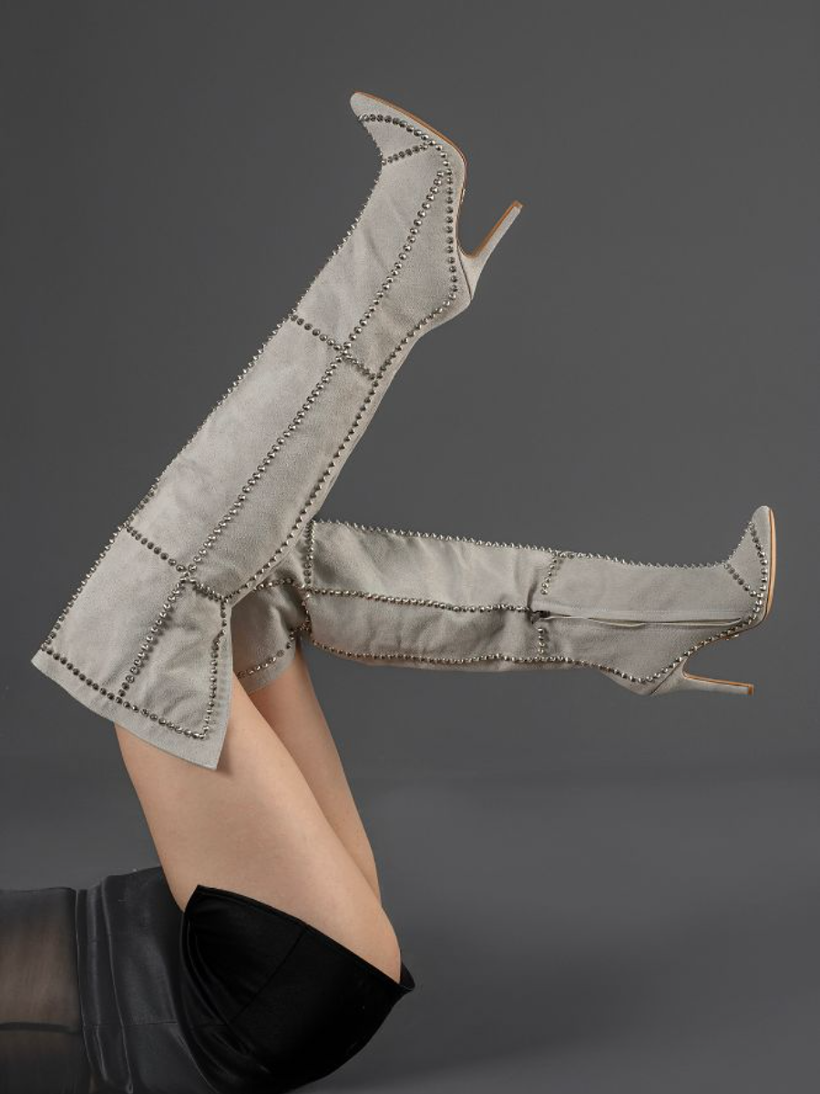Studded Point-Top Suede Over-the-Knee Pumps
