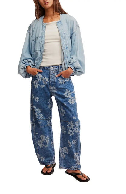 Daisy Floral Print Barrel Jeans